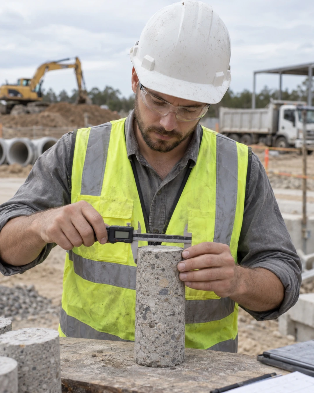 An engineer measuring a concrete core sample with a digital caliper on site