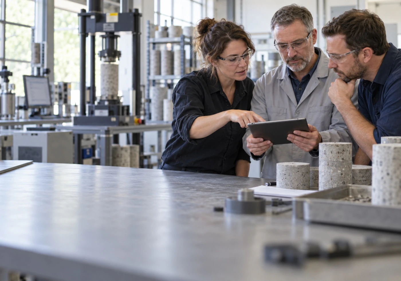Three engineers reviewing a tablet beside concrete samples in a testing laboratory